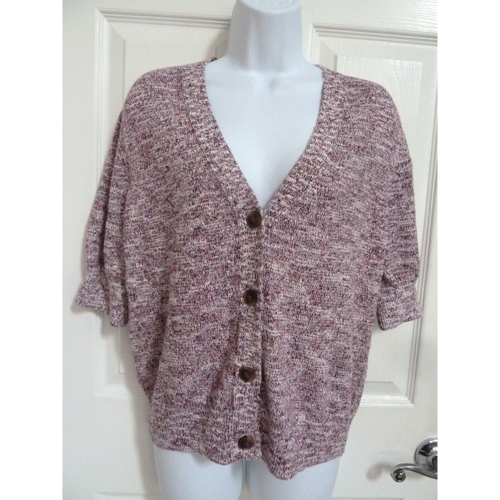 Banana Republic Womens M Short Sleeve Sweater Cardigan Maroon White V-Neck NWT